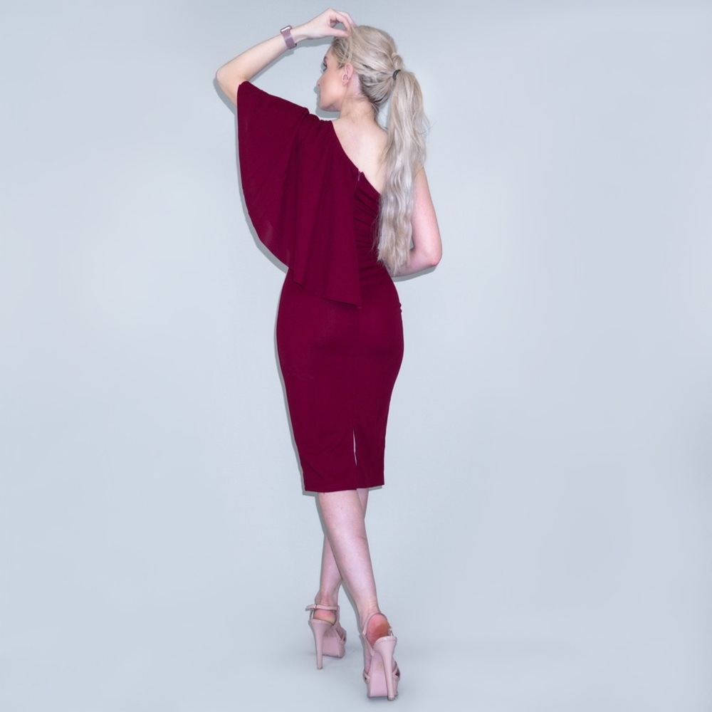 Burgundy Red Midi Dress with Pearls - Picture 4 of 8